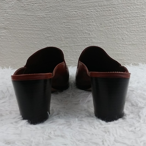 Antonio Melani Brown Leather Upper Square Toe Mid Blocked Heel Slip On Mule Shoe - Picture 6 of 12